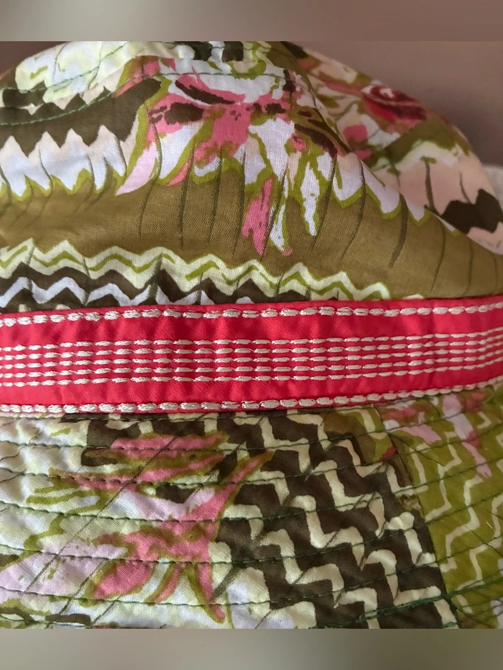 Pistil Women’s Fabric Bucket Hat, Pink/Green Pattern, Raw Edge, Wire In Brim